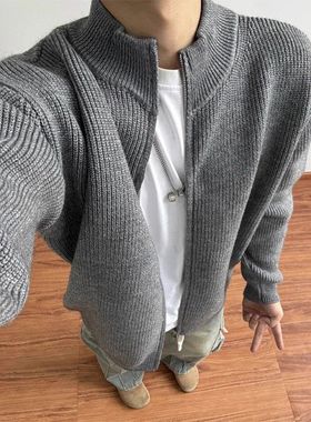 灰色毛衣男秋季慵懒风松弛感穿搭针织开衫外套cleanfit立领夹克