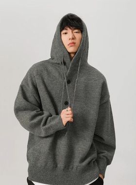 灰色重磅连帽毛衣男女秋冬美式潮牌宽松复古慵懒风百搭针织衫外套