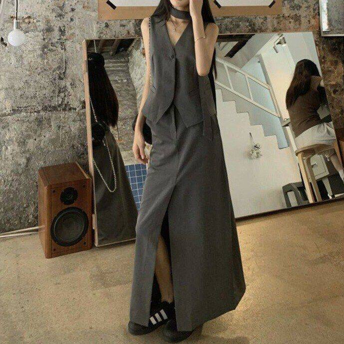 灰色辣妹西装女套装复古马甲半身裙无袖背心感夏季两件套