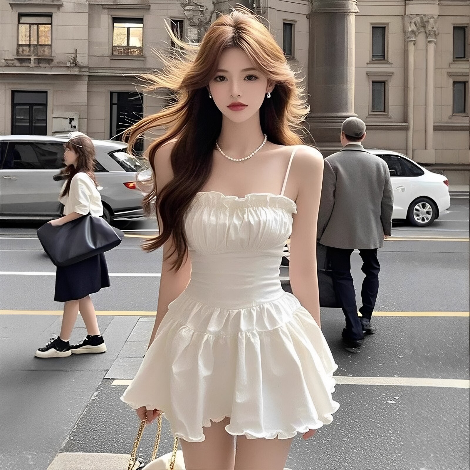 花边白色夏季木耳吊带无袖收腰时尚吊带连衣裙女轻奢性感褶皱短裙