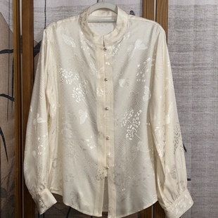 新中式立领提花衬衫女长袖宽松显瘦百搭上衣浅黄色日常百搭款