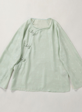 张国权四经绞罗彩金草莓熊猫淡绿色上衣圆领盘扣常规款带钢印