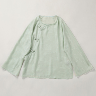 张国权四经绞罗彩金草莓熊猫淡绿色上衣圆领盘扣常规款 带钢印