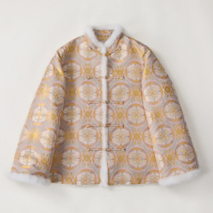 钱小萍宋锦金鱼戏莲棉服新中式国风日常百搭手工盘扣水貂毛带钢印