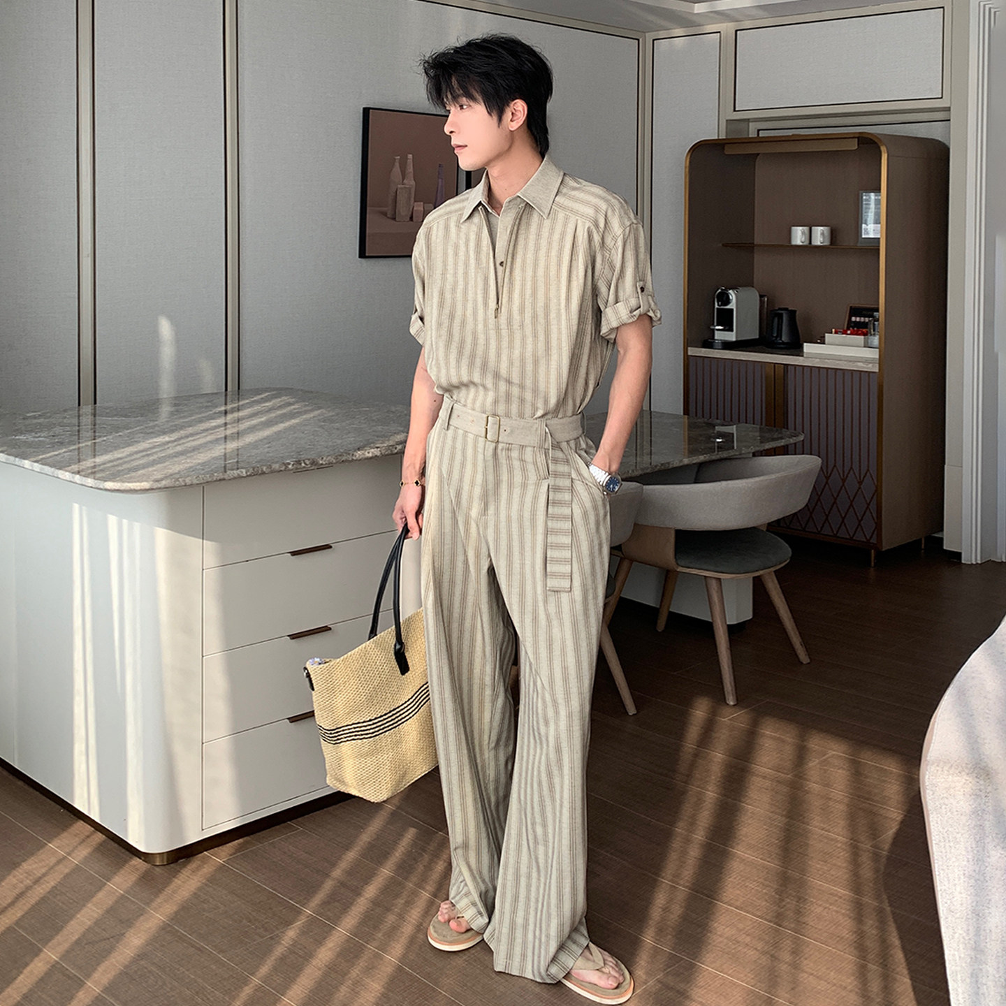 Hualun男生人夫感穿搭痞帅条纹套装男韩版休闲套头衬衫一整套搭配