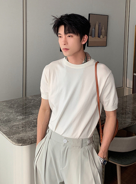 Hualun夏季男装莱赛尔上衣男生纯色针织短袖T恤夏日清爽透气衣服