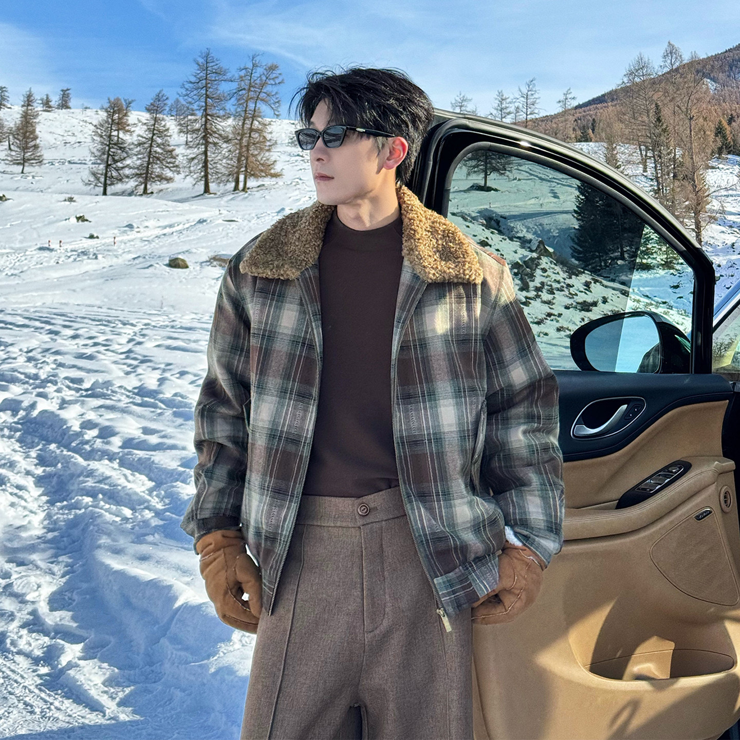Hualun巨好看的厚外套男生冬装格纹毛领夹克男潮流百搭时尚风棉服