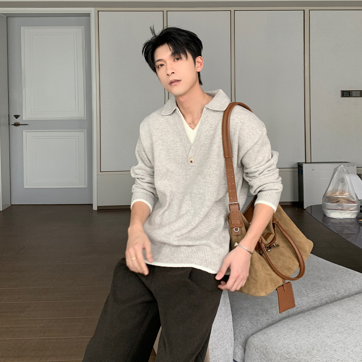 Hualun冬季重磅假两件衬衫领针织衫POLO毛衣男款韩版百搭休闲上衣