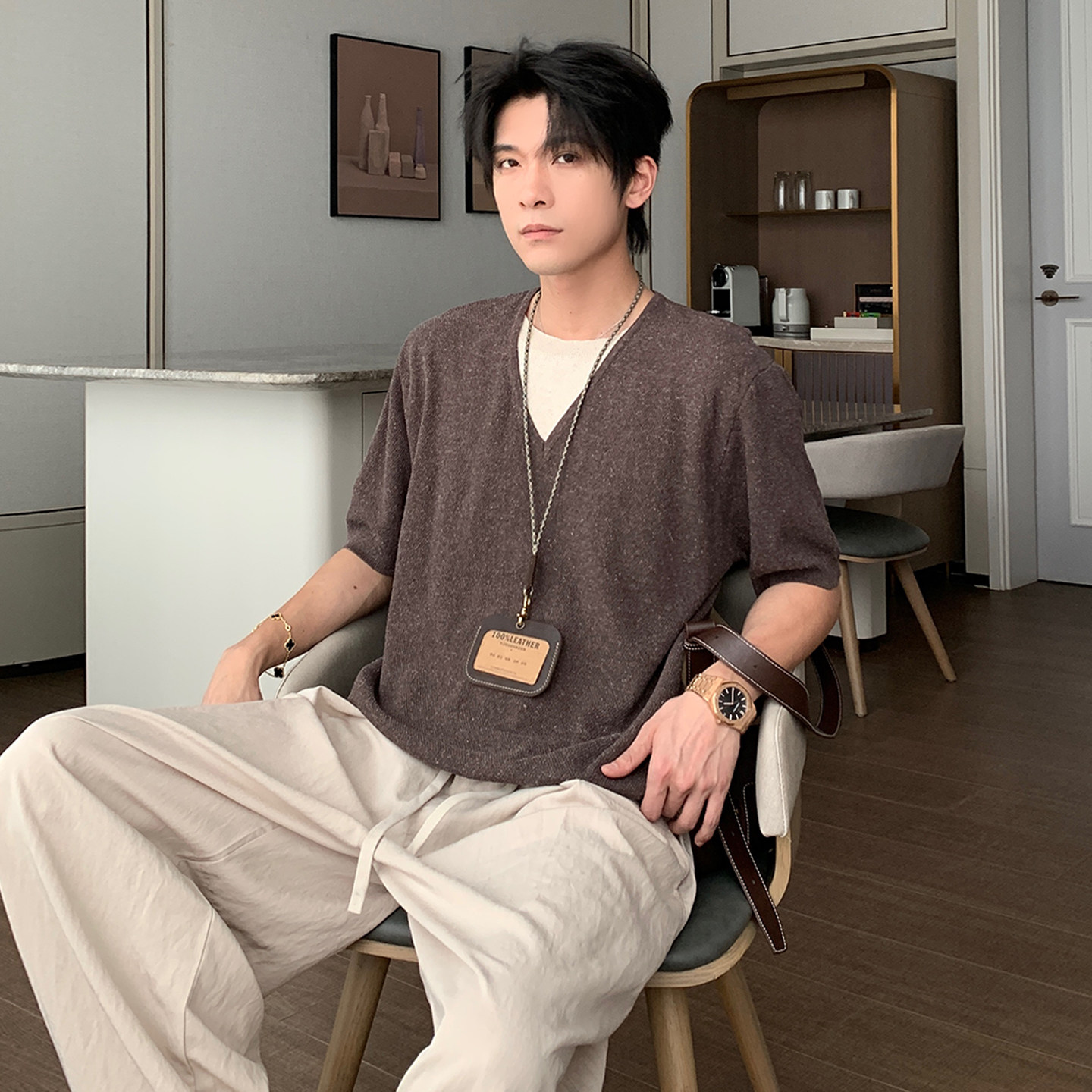 Hualun夏季短袖假两件廓形t恤男莱赛尔亚麻上衣韩版休闲针织体恤