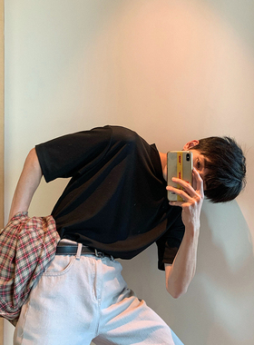 Hualun夏季纯色简约韩版基础免烫高圆领潮牌短袖T恤男女情侣体恤