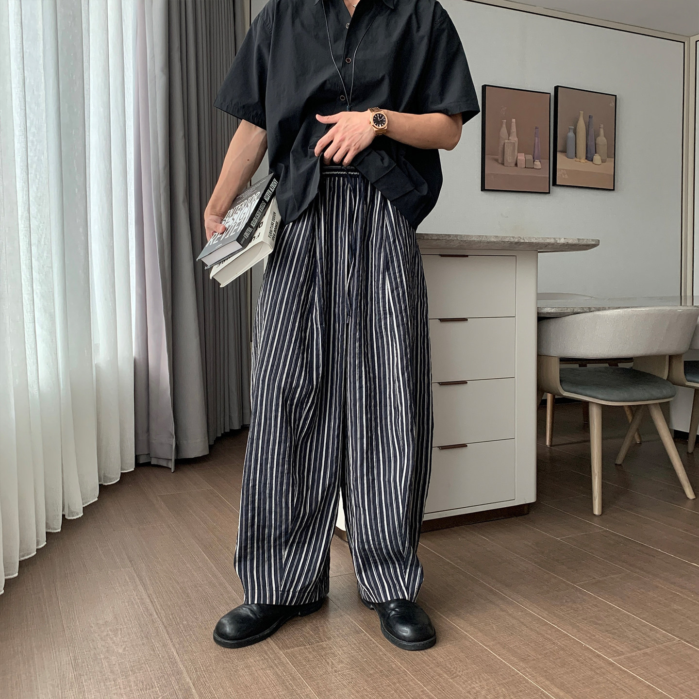 HLDS夏季男生凉感莱赛尔裤子潮流宽松薄款阔脚遛弯裤条纹休闲裤男