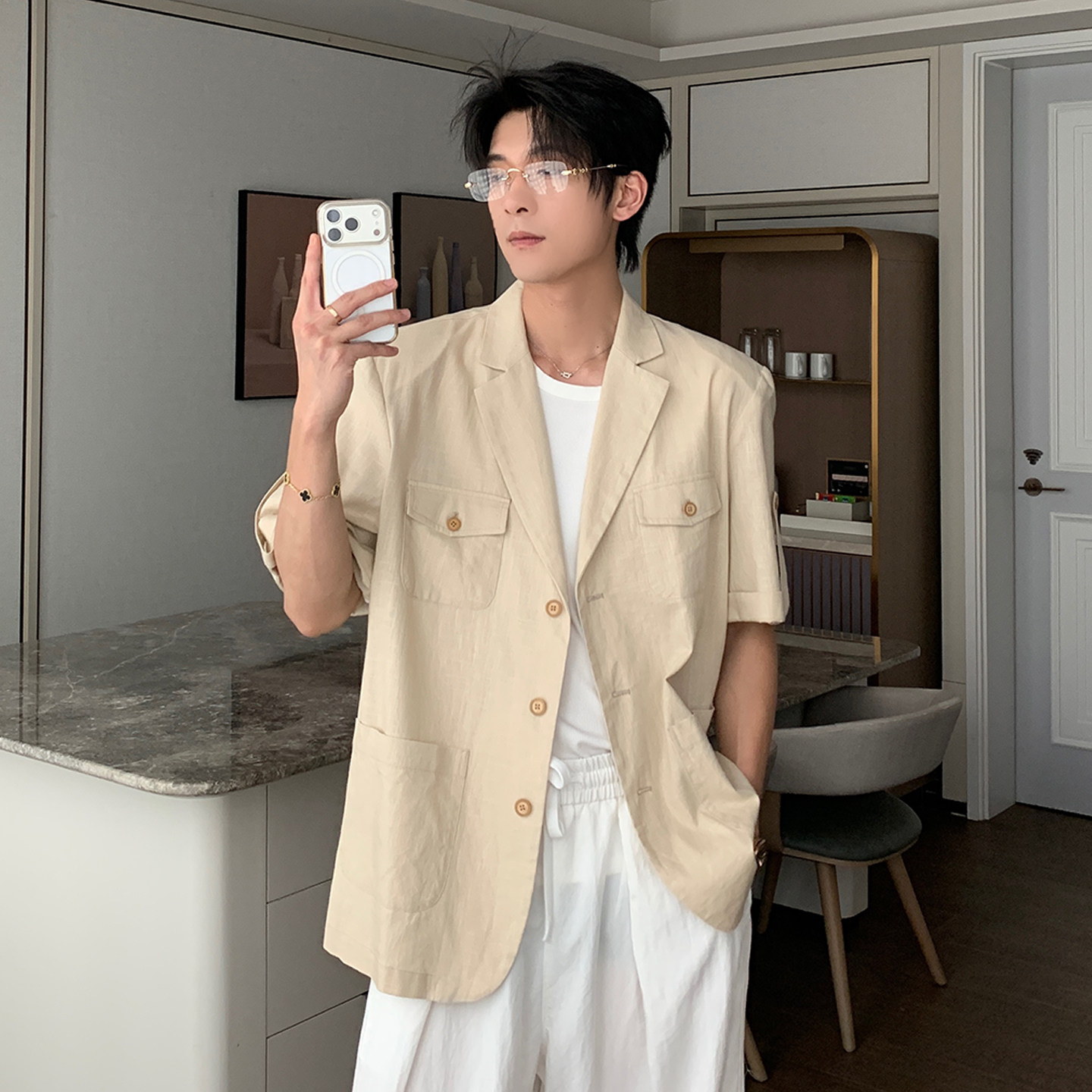 Hualun夏季多口袋亚麻衬衫外套男短袖韩版痞帅上衣男装古巴领衬衣