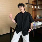 黑衬衫 Hualun夏季 男装 宽松新中式 上衣 痞帅男生垂感立领衬衣男短袖