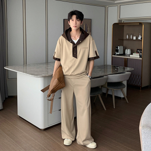 Hualun夏季 痞帅高级感连帽T恤男生宽松一整套搭配 学院风polo套装