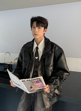 Hualun复古机车软皮衣男外套高街痞帅大学生高级感潮流飞行员夹克