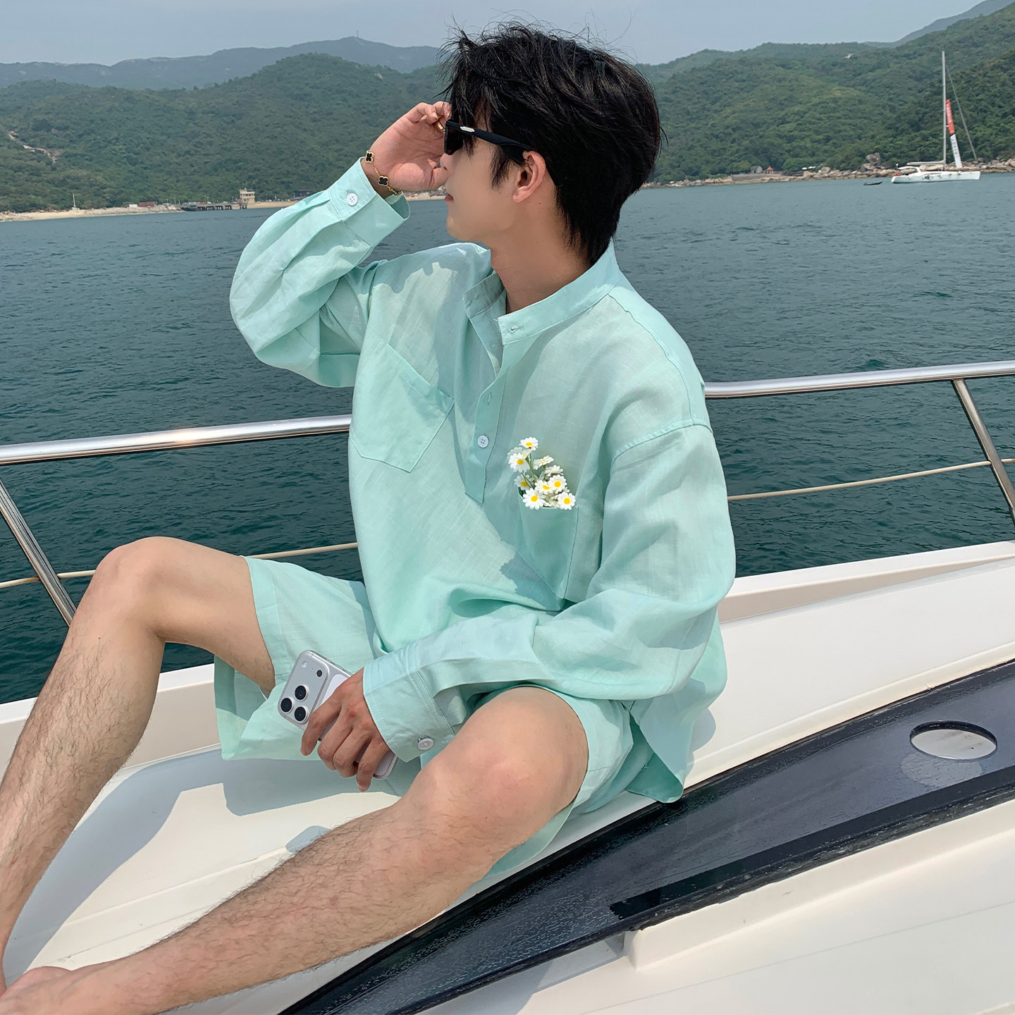 HLDS人夫感穿搭一整套男海边沙滩天丝亚麻衬衫短裤套装男款高级感