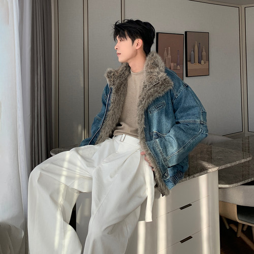 Hualun座山雕毛领牛仔棉服