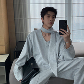 情侣款 Hualun春秋V领卫衣男生长袖 T恤宽松休闲运动套装 一整套搭配