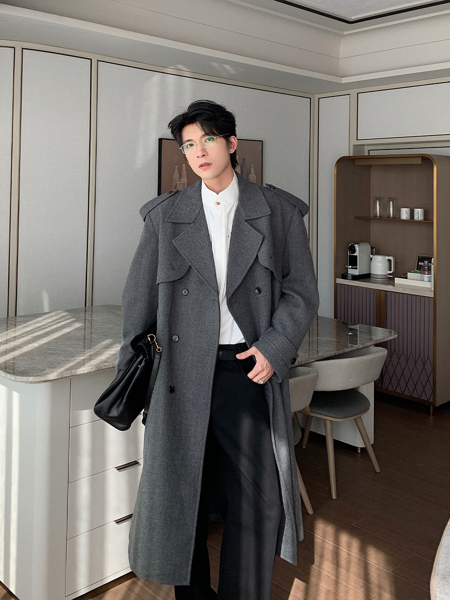 HUALUN MENS SUPER GOOD LOOKING TRENCH COAT AUTUMN WINTER MENS LONG COAT JACKET MENS KOREAN DOUBLE-BREASTED OVER-THE-KNEE COAT