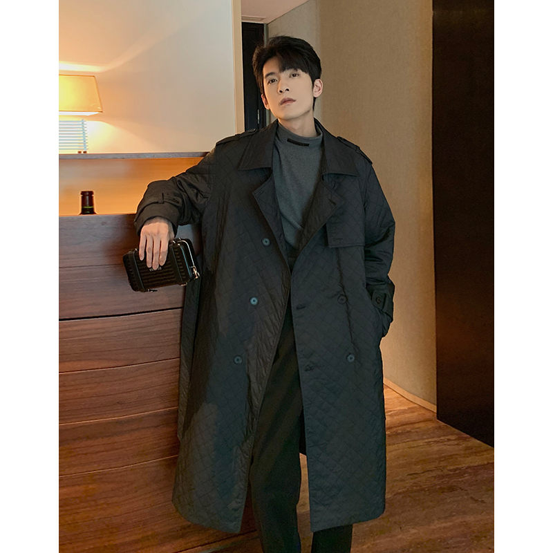 Hualun冬季中长款菱形格大衣外套