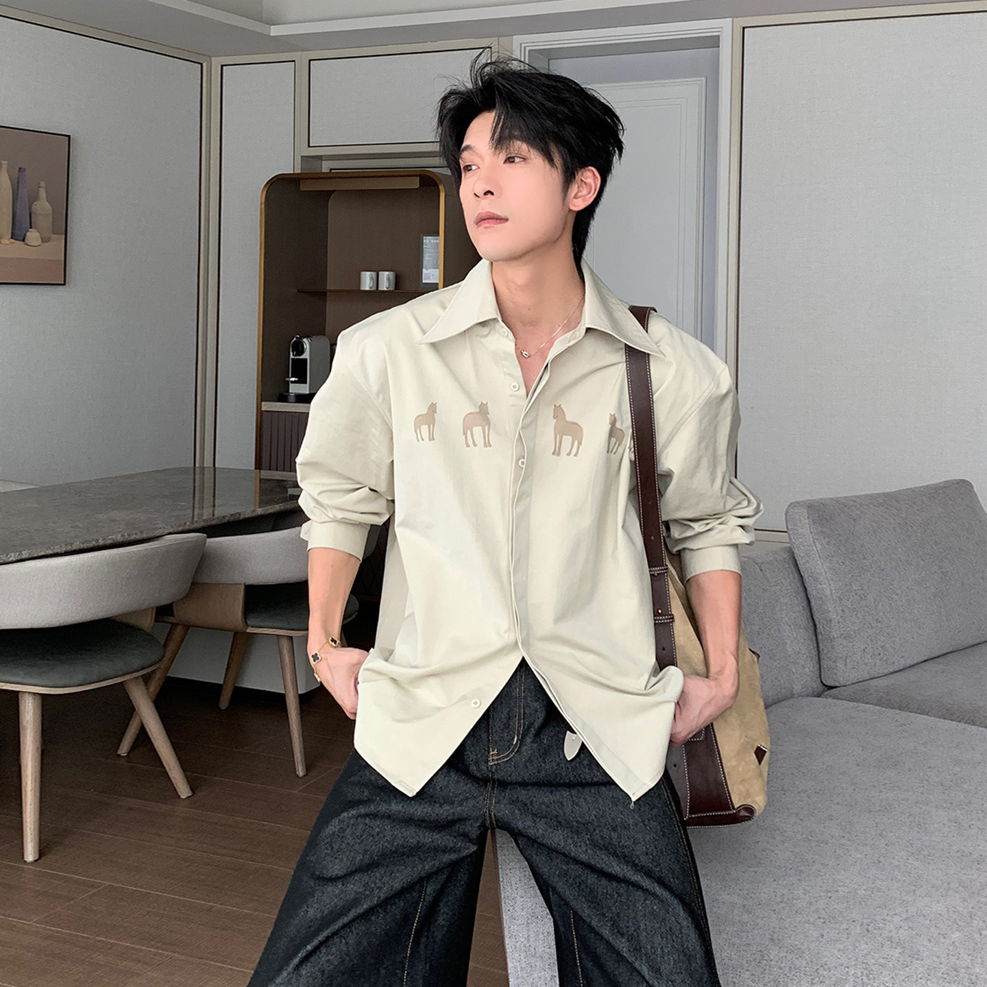 Hualun马年衣服新款衬衫式外套男款cleanfit长袖上衣韩版痞帅衬衣