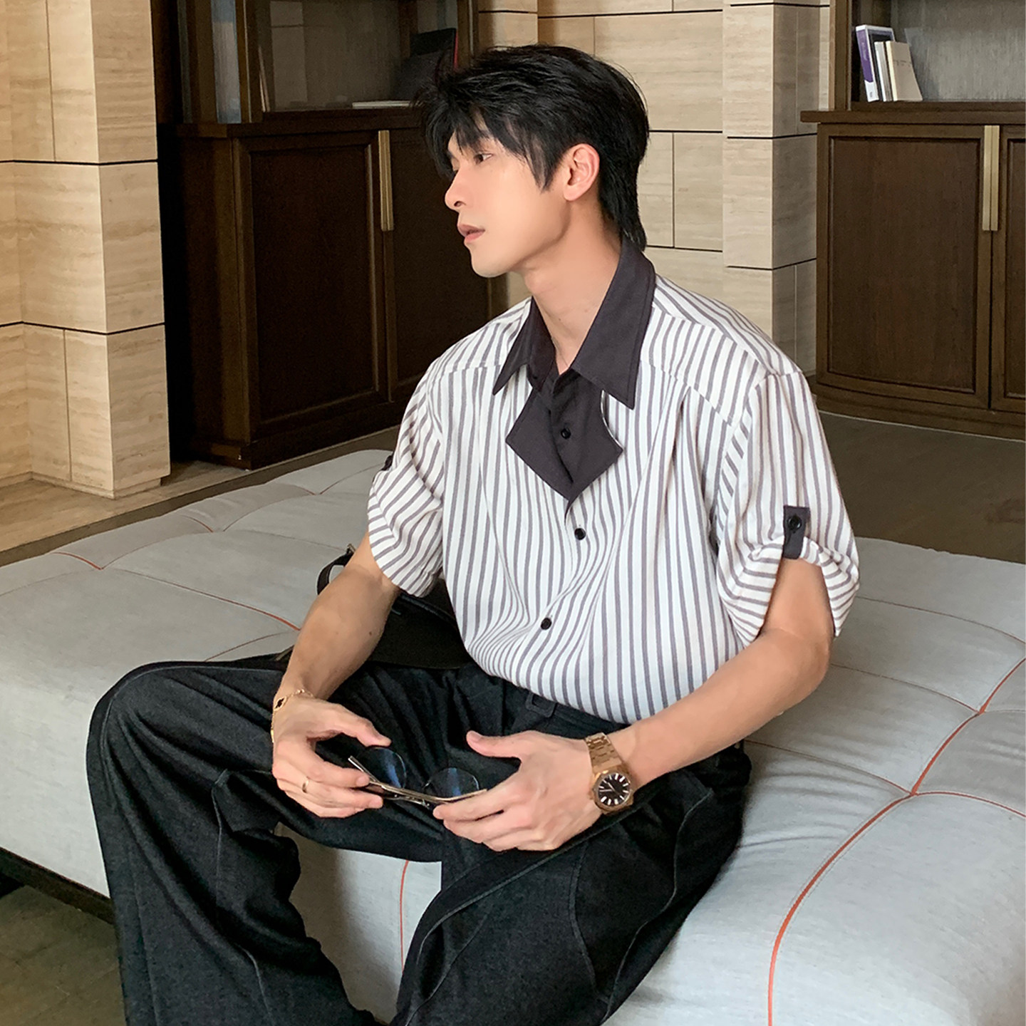HLDS夏季撞色条纹男生衬衫短袖宽松cleanfit休闲痞帅假两件上衣男