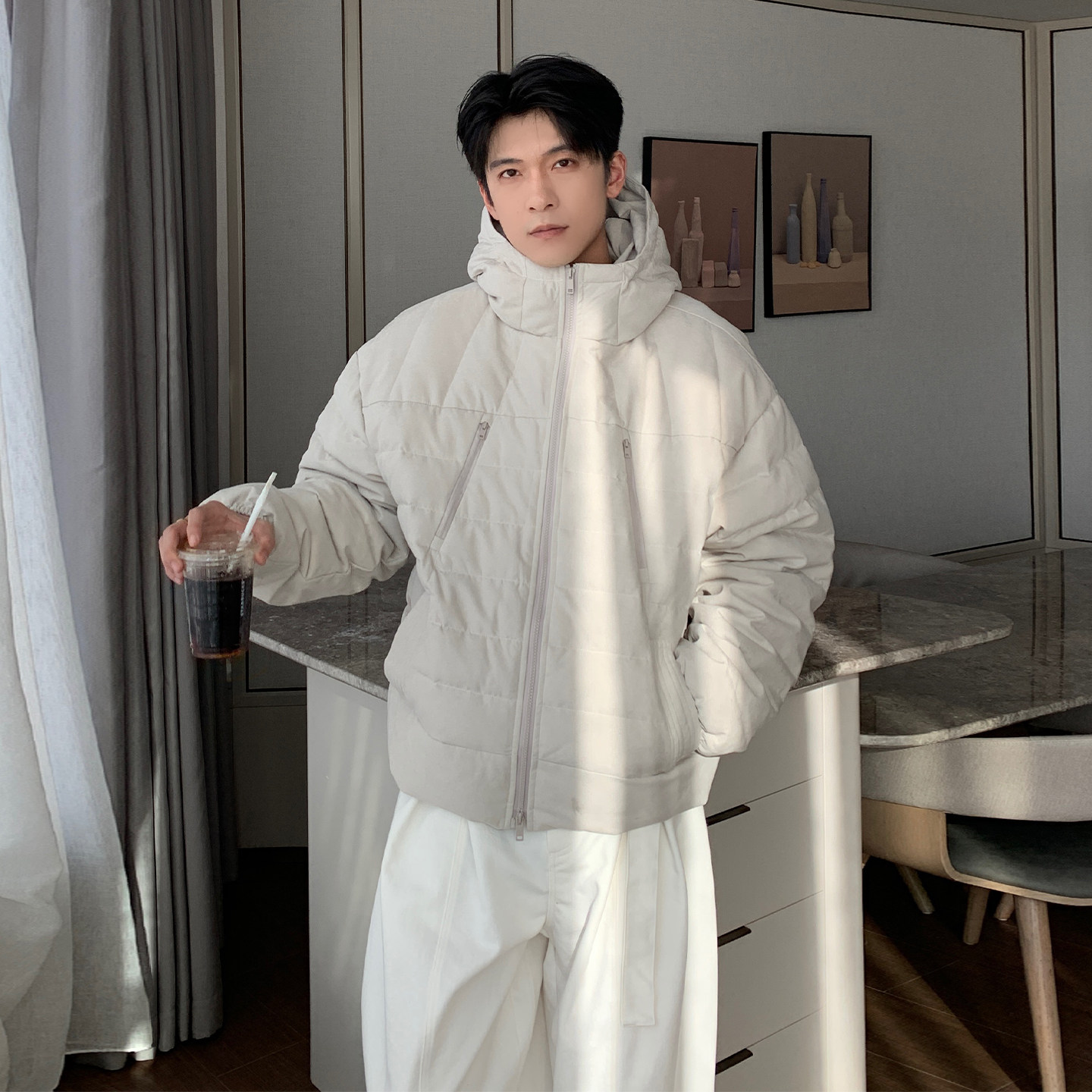 Hualun男生排骨羽绒服cleanfit潮流痞帅宽松保暖连帽男士冬装外套