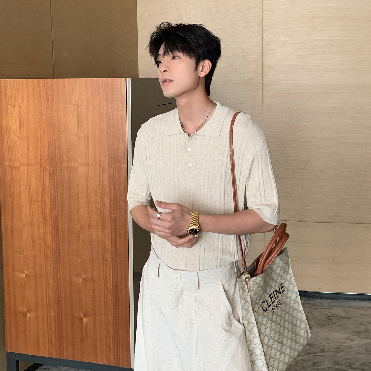 Hualun夏季莱赛尔上衣针织polo衫男短袖T恤韩版简约百搭翻领衣服