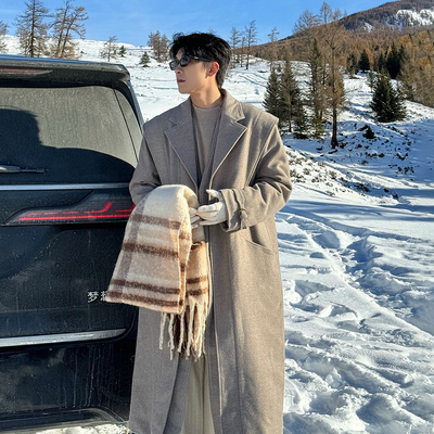 Hualun冬季加厚中长款毛呢外套男