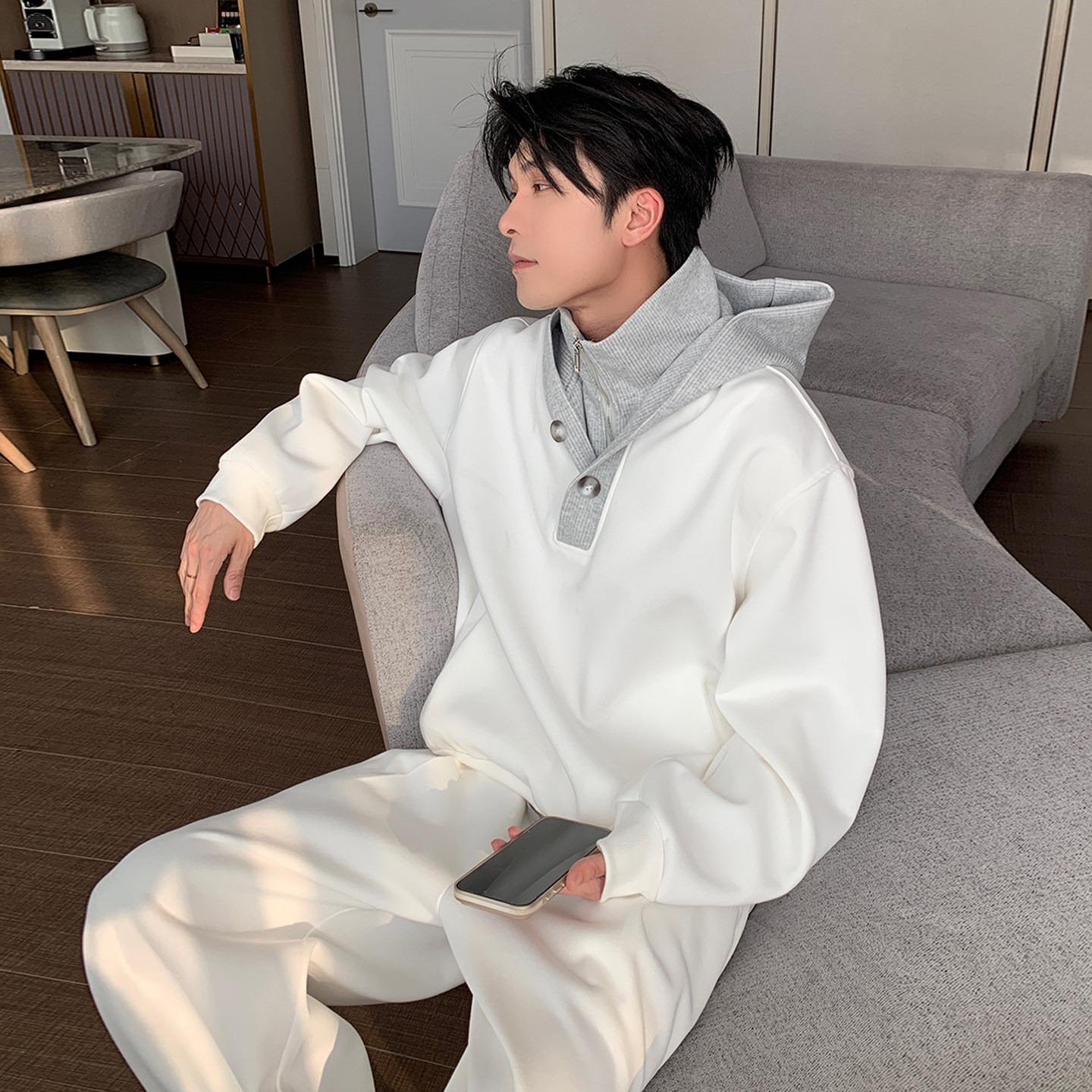 Hualun男生ootd穿搭套装男休闲运动一整套搭配高级感连帽套头卫衣