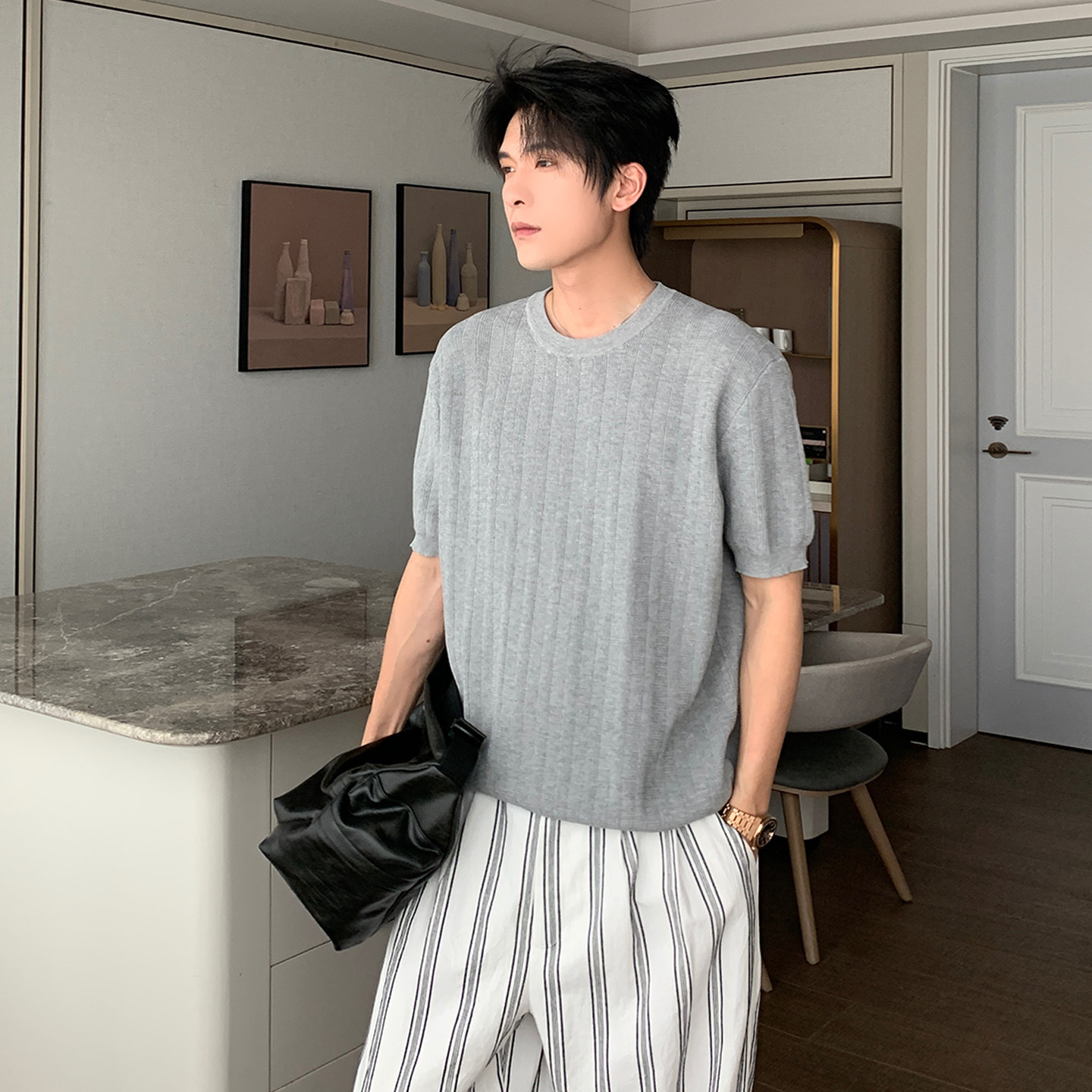 Hualun夏季凉感T恤男短袖莱赛尔亚麻针织上衣男装老钱风简约体恤