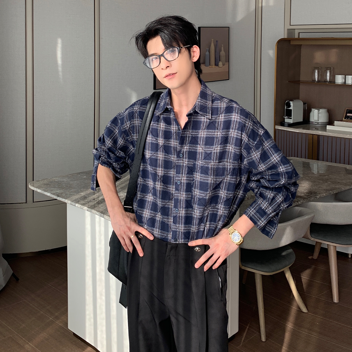 Hualun蓝色格子衬衫男款长袖衬衣