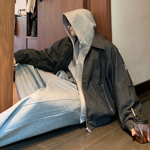 Hualun秋冬工装 风油蜡皮夹克外套男机车皮衣潮流宽松上衣痞帅外衣