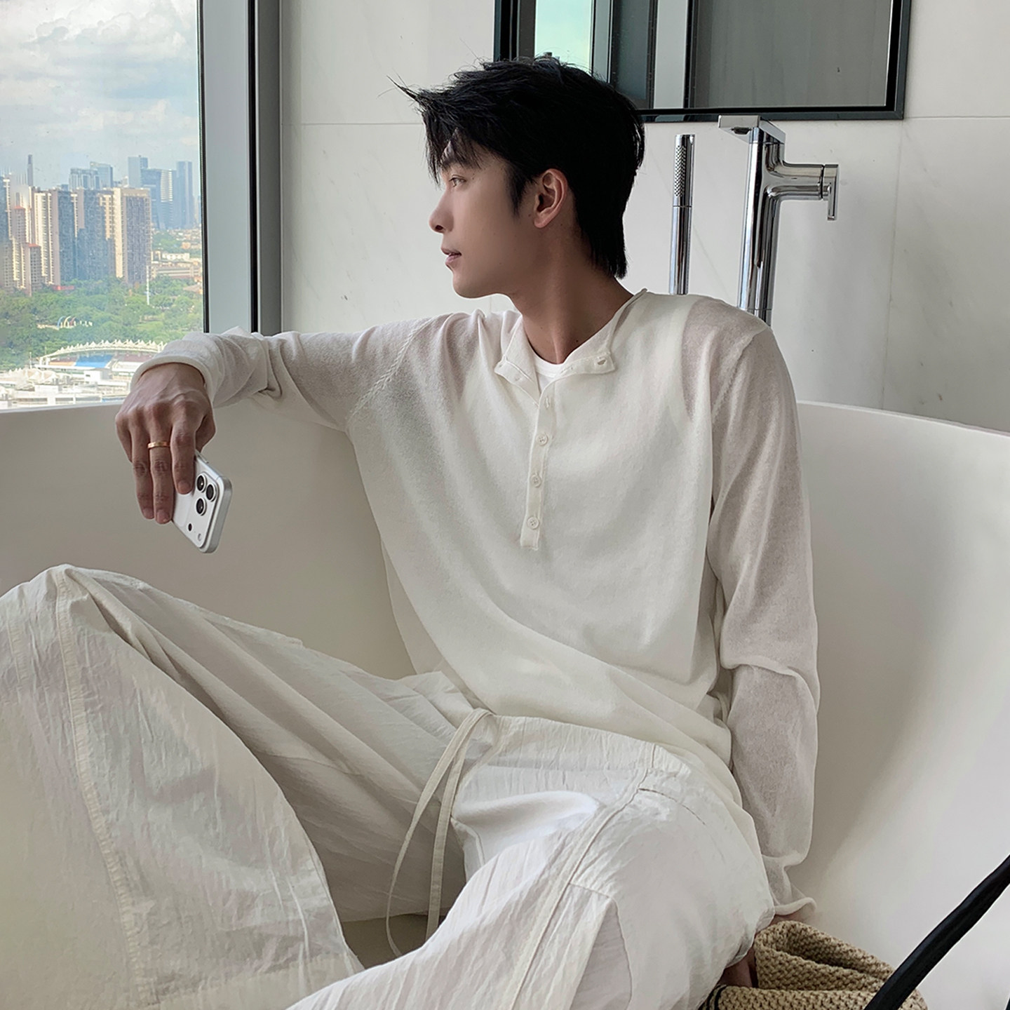 HLDS夏季清透亚麻莱赛尔防晒长袖t恤男生薄款针织衫简约潮流上衣