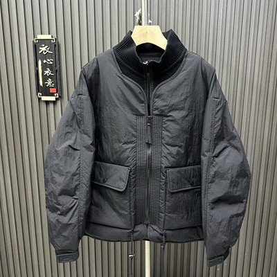 冬季新款男士2025立领羽绒服潮牌休闲短款针织拼接假两件保暖外套