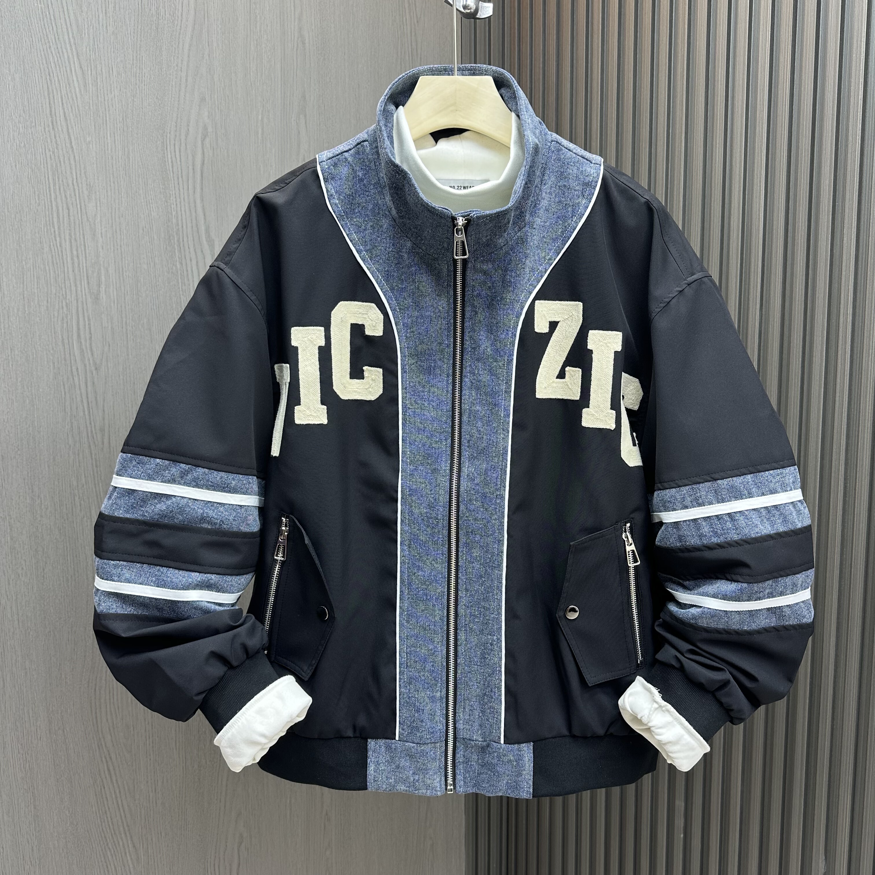 2026春季新款男士立领牛仔拼接撞色长袖男外套时尚韩版宽松男夹克,男装,夹克,淘宝优惠券,粉丝福利购,淘宝优惠卷