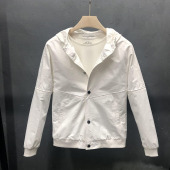 2026男外套春秋新款 拼接纯白色带帽子系扣休闲青年男夹克 潮流时尚