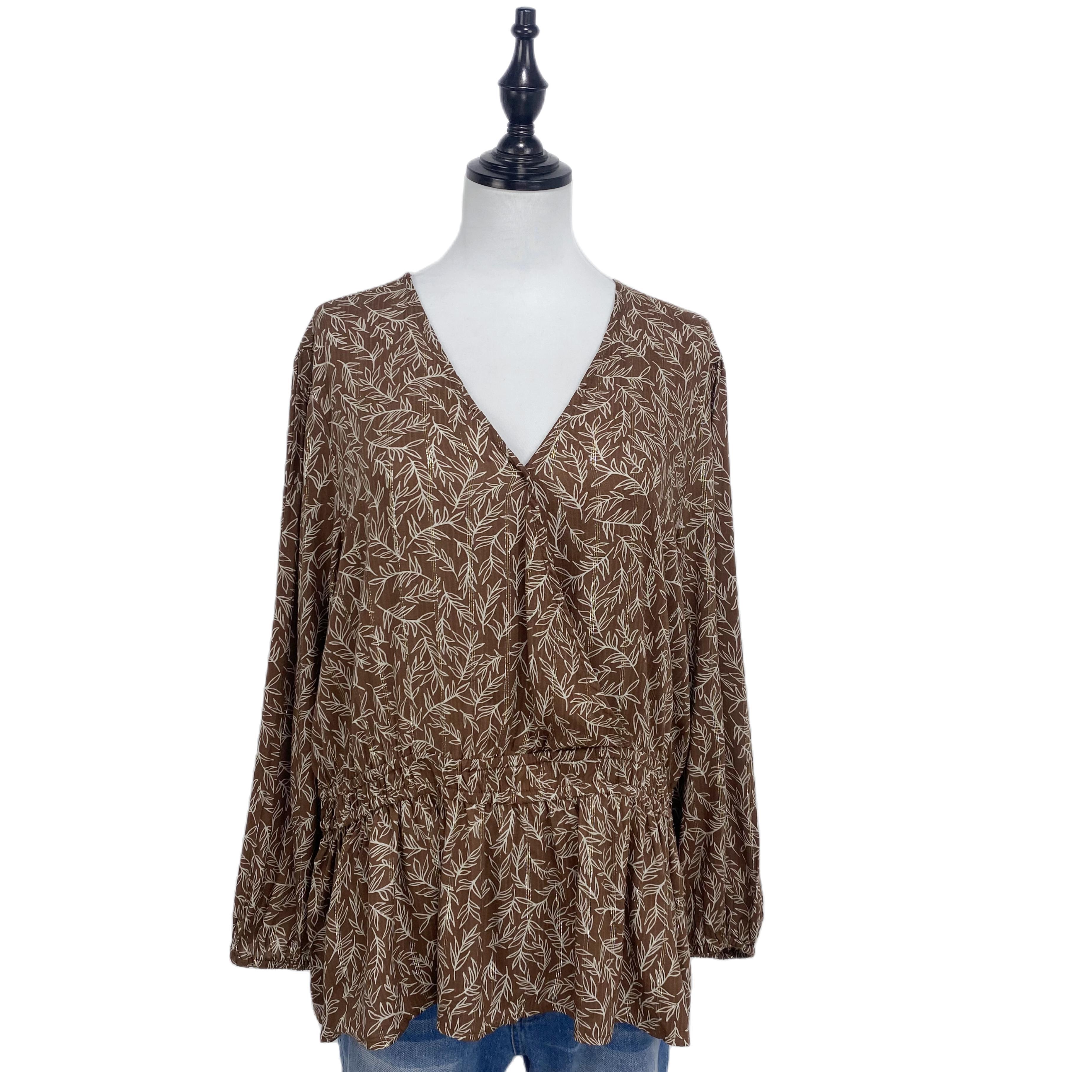 E3005欧美女装V领文艺范印花亮丝上衣松紧腰显瘦长袖大码衬衫