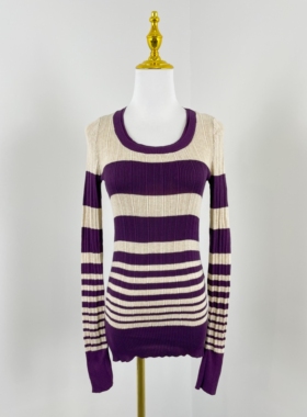 E7016秋季新款女装修身显瘦条纹打底衫时尚休闲圆领长袖针织衫