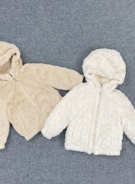 E7053秋冬新款童装连帽纯色毛绒外套宝宝外出仿皮草洋气拉链上衣