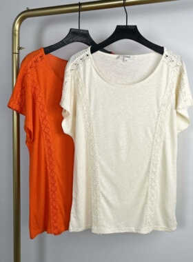 H2302夏季新款女装蕾丝花边装饰亚麻T恤薄款透气宽松时尚圆领上衣