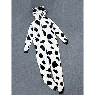 K6008秋冬新款 超萌小奶牛连体家居服亲肤舒适拉链男女连帽睡衣