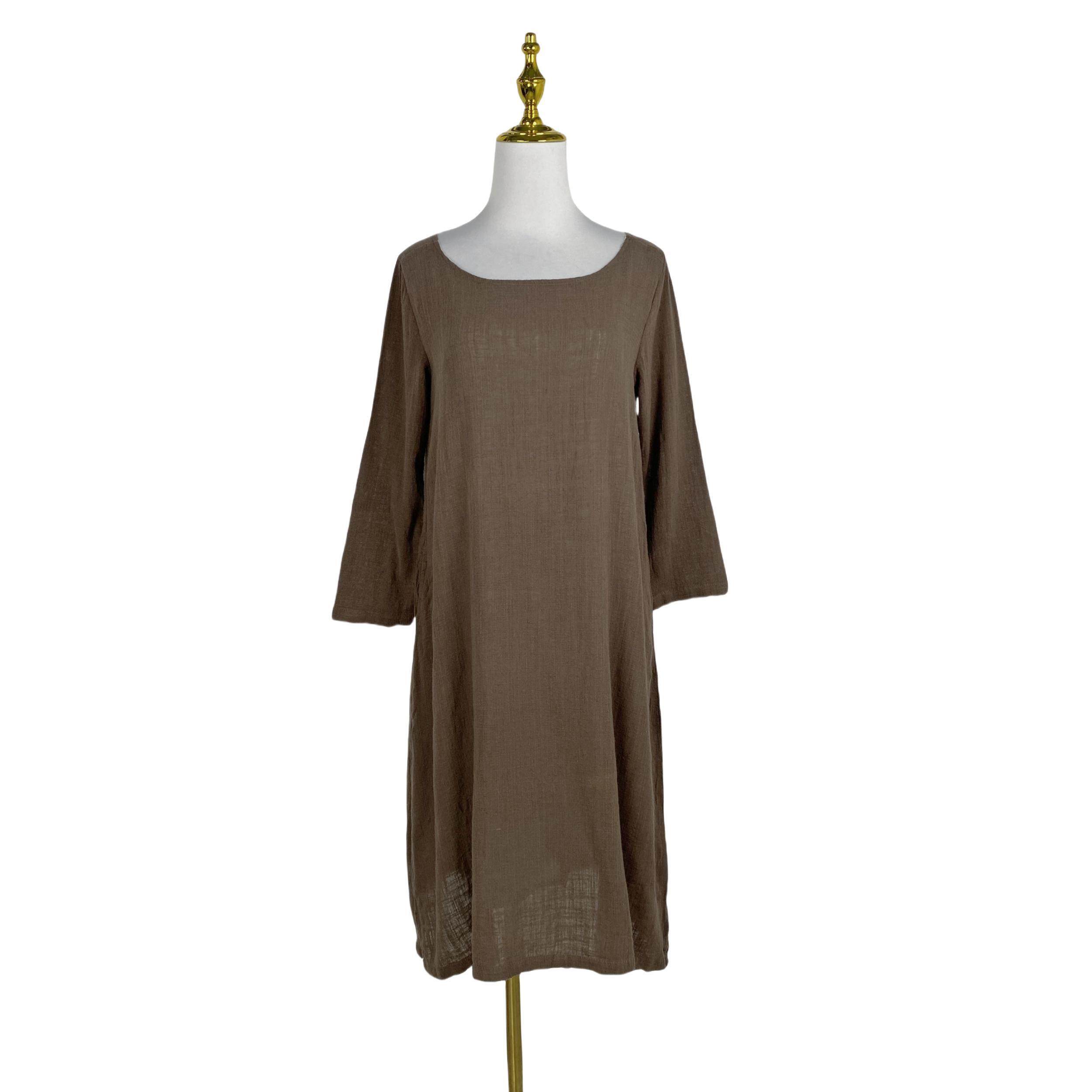 E3130日单新款女装纯色圆领棉麻裙简约气质侧边袋长款连衣裙