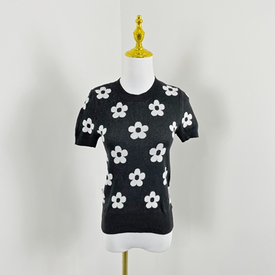 E7115小众提花圆领女针织衫2026春季新款时尚修身显瘦短袖毛衣