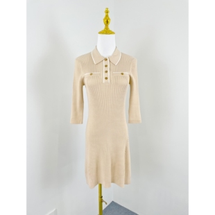 E7028撞色切边时髦针织裙2025新款女弹力螺纹修身五分袖连衣裙