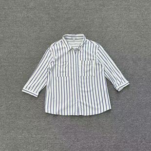 B3255夏季新款韩系蓝白竖条纹衬衫女翻领双口袋七分袖宽松衬衣