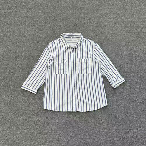 B3255夏季新款韩系蓝白竖条纹衬衫女翻领双口袋七分袖宽松衬衣