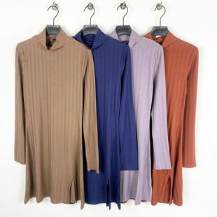 针织裙弹力开叉显瘦轻熟连衣裙 半高领竖条纹中长款 D0005新款 女装