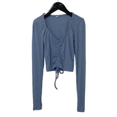 C3023外贸新款韩版女装套头抽绳长袖上衣修身显瘦弹力短款小衫T恤