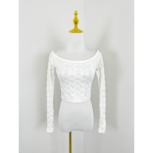 显瘦针织衫 K6022欧美风编织麻花露肚脐毛衣2025新款 女一字领修身